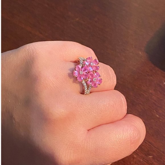 Pink Sapphire and Diamonds Floral Silver Ring, Size 8 - Picture 6 of 7